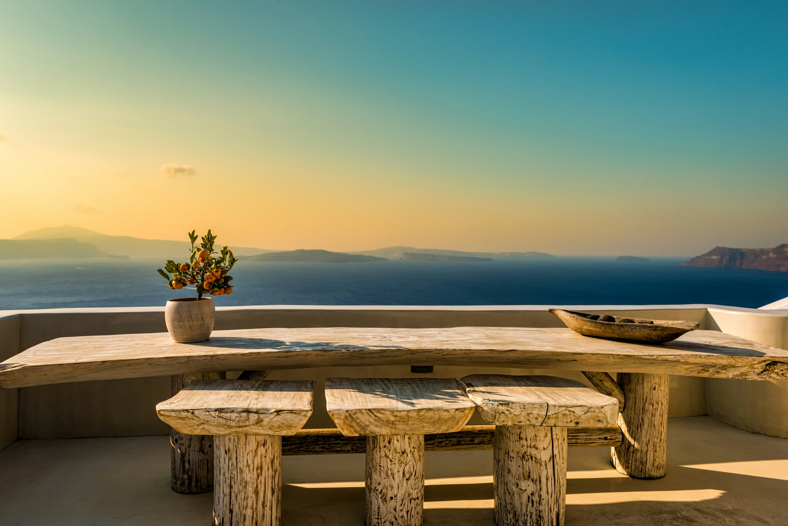 A terrace above the Aegean at sunset